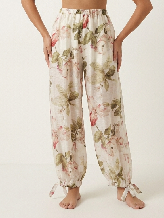 Pantalone Floreale con Dettaglio in Pizzo