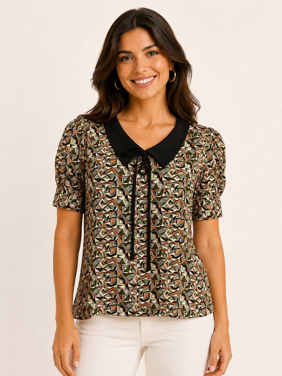 Blusa Cache Cache Fantasia Geometrica con Fiocco